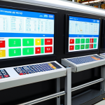 **Prompt:** A modern factory interior with gleaming high-efficiency LED lighting and a state-of-the-art control panel displaying real-time energy usage data, showcasing a Smart Factory environment.