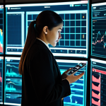 A professional female data analyst in a modest business casual outfit, intensely observing multiple holographic screens displaying complex real-time mobile application performance metrics, including vibrant charts, graphs, and a subtle glowing overlay suggesting an "invisible heartbeat" of data flow. She is in a sleek, modern data control center with server racks visible in the background, conveying a sense of advanced technology and vigilant oversight. The scene emphasizes proactive monitoring and predictive analytics. The subject has perfect anatomy, correct proportions, and a natural pose, with well-formed hands and proper finger count. This is a high-quality, professional photography style image. safe for work, appropriate content, fully clothed, professional.