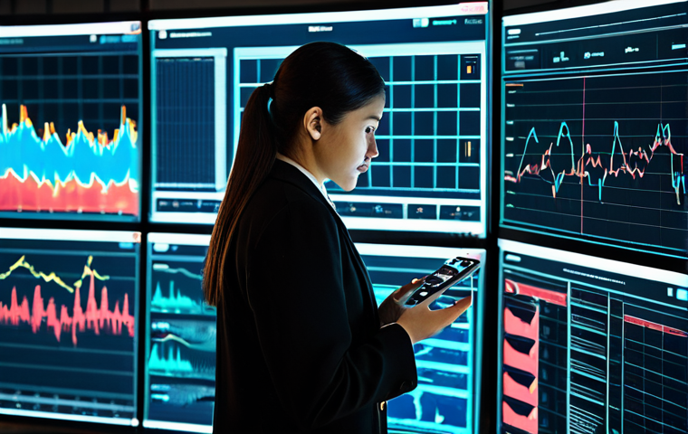 A professional female data analyst in a modest business casual outfit, intensely observing multiple holographic screens displaying complex real-time mobile application performance metrics, including vibrant charts, graphs, and a subtle glowing overlay suggesting an "invisible heartbeat" of data flow. She is in a sleek, modern data control center with server racks visible in the background, conveying a sense of advanced technology and vigilant oversight. The scene emphasizes proactive monitoring and predictive analytics. The subject has perfect anatomy, correct proportions, and a natural pose, with well-formed hands and proper finger count. This is a high-quality, professional photography style image. safe for work, appropriate content, fully clothed, professional.