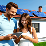 Rooftop Solar Panels - Efficiency Calculation**

"A family-friendly scene depicting a modern house with solar panels on the roof. A person is using a tablet to calculate energy savings. The scene is bright and sunny, showcasing the efficiency of solar power. Fully clothed family members are smiling. Safe for work, appropriate content, professional rendering, perfect anatomy, correct proportions, natural pose, well-formed hands, proper finger count, natural body proportions, high resolution, realistic style."

**