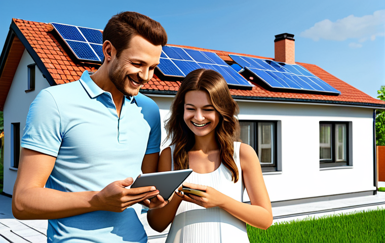 Rooftop Solar Panels - Efficiency Calculation**
"A family-friendly scene depicting a modern house with solar panels on the roof. A person is using a tablet to calculate energy savings. The scene is bright and sunny, showcasing the efficiency of solar power. Fully clothed family members are smiling. Safe for work, appropriate content, professional rendering, perfect anatomy, correct proportions, natural pose, well-formed hands, proper finger count, natural body proportions, high resolution, realistic style."
**